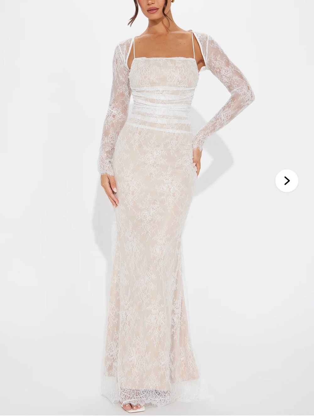 Fashion Nova White Lace Maxi Dress with Sheer Long Sleeves